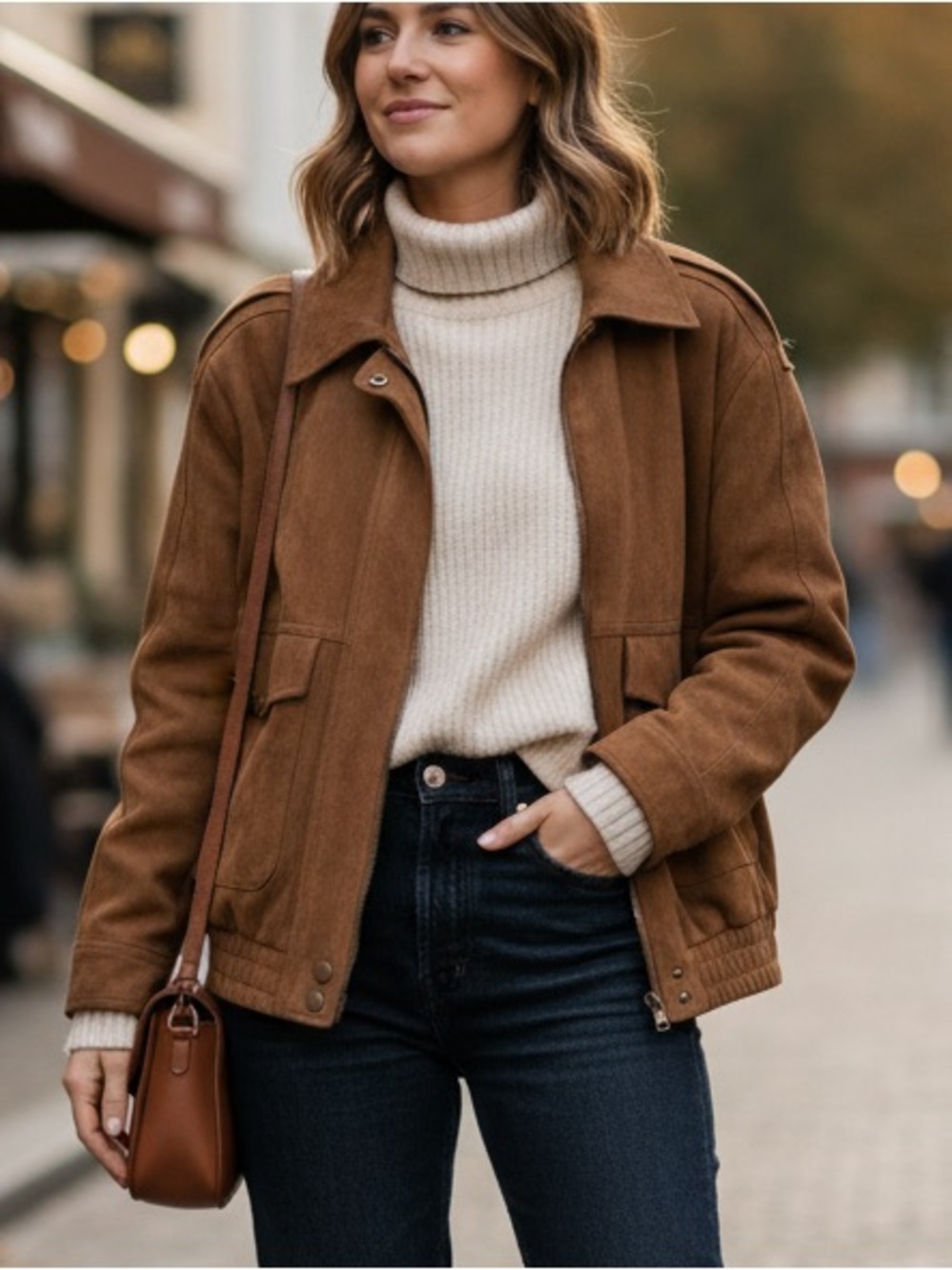 ANWND Chestnut Suede Bomber Jacket Oversized Faux Leather Aviator Moto